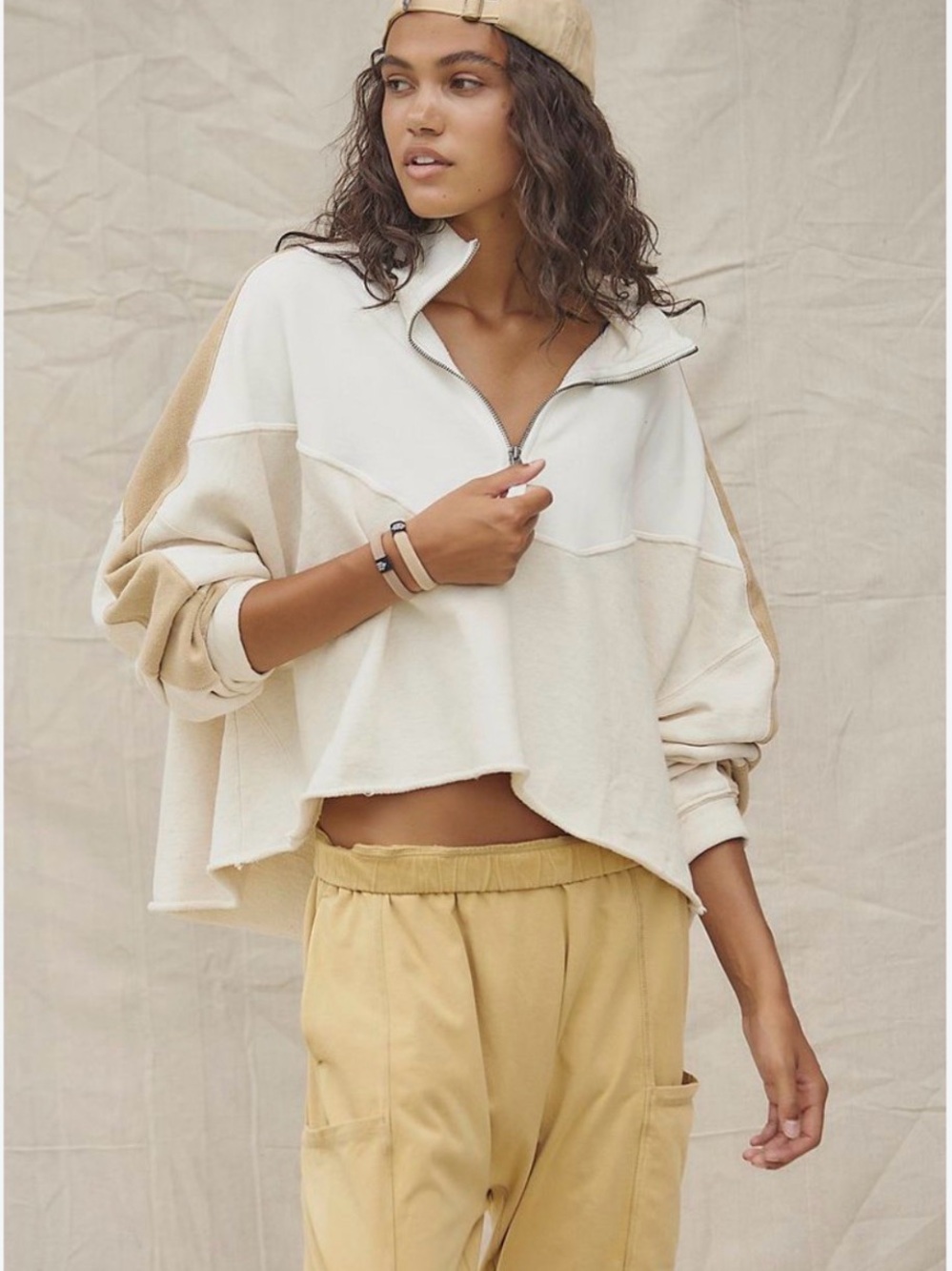 Free People Women's Two-Tone Cream Zip-Neck Pullover Crop Top